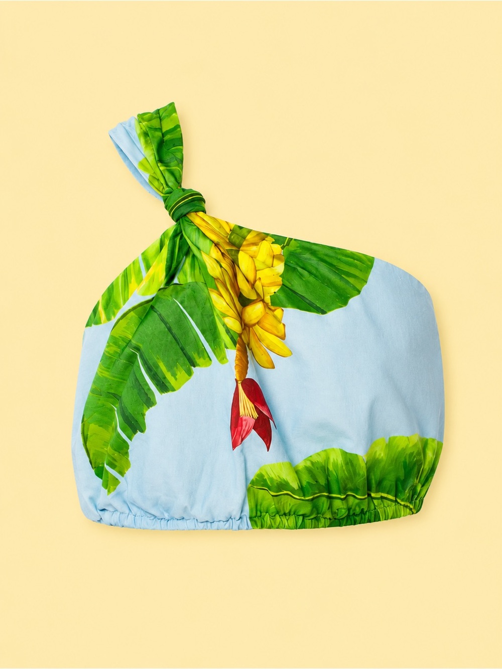 FARM Rio Blue Tropical One-Shoulder Crop Top with Green Leaf Print